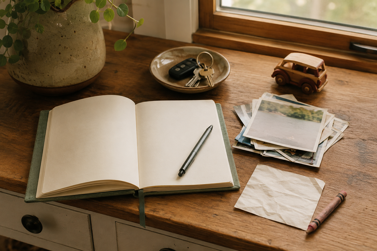 An open journal beside family snapshots, keys, a child’s wooden toy car, a crayon, and a rumpled note
